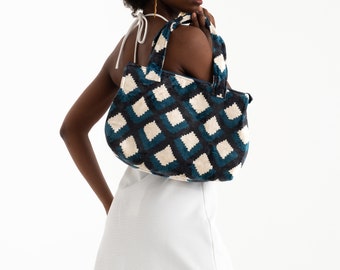 Blue & Anthracite Gray Silk Velvet Shoulder Bag - 12x15 Inch Silk Velvet Handbag - From Casual to Chic Bags - Zippered Shoulder Bag -