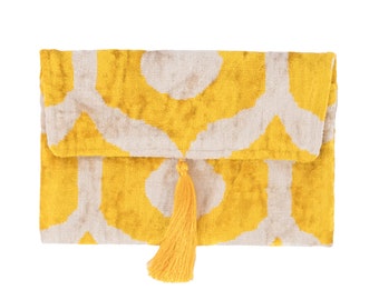 Yellow & White Silk Velvet Clutch Bag - 7x10 Inches Silk Velvet Handbag - Casual Daily Wear Evening Bag