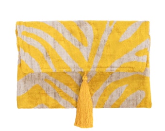 Yellow & White Silk Velvet Clutch Bag - 7x10 Inches Silk Velvet Handbag - Casual Daily Wear Evening Bag