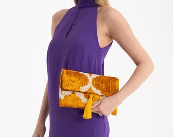 Saffron & White Silk Velvet Clutch Bag - 7x10 Inches Silk Velvet Handbag -Casual Daily Wear Evening Bag
