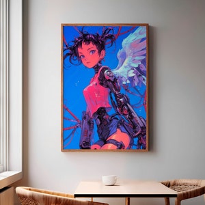 Anime Girl Robotic Manga Art Print - Cool Vibrant Retro Vaporwave Bedroom Poster | Otaku Home & Office Wall Artwork, Aesthetic Decor