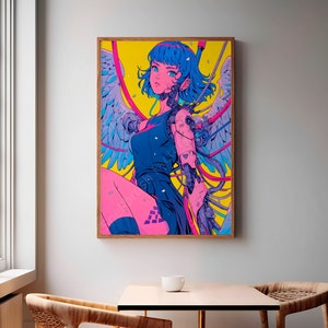 Anime Girl Robotic Manga Art Print - Cool Vibrant Retro Vaporwave Bedroom Poster | Otaku Home & Office Wall Artwork, Aesthetic Decor