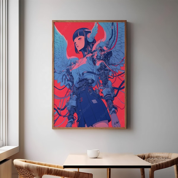 Anime Girl Robotic Manga Art Print - Cool Vibrant Retro Vaporwave Bedroom Poster | Otaku Home & Office Wall Artwork, Aesthetic Decor