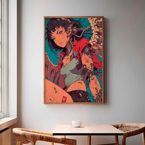 Anime Girl Robotic Manga Art Print - Cool Vibrant Retro Vaporwave Bedroom Poster | Otaku Home & Office Wall Artwork, Aesthetic Decor