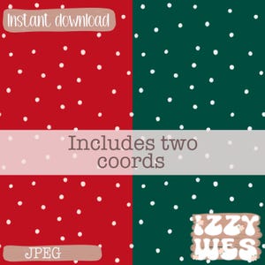 May include: Digital download featuring four patterned squares. Two squares are red with white polka dots, and two are green with white polka dots. Text includes "Instant download", "Includes two coords", "JPEG", and a logo.