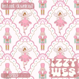 May include: A repeating pattern featuring pink nutcrackers, fairies, and decorative arches. The design includes the text "Instant download", "JPEG", and the name "Izzy Wes". The color palette includes pink, gold, and mint green on a white background.
