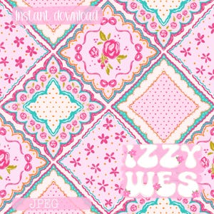 Pode incluir: Um download digital com um padrão repetitivo de desenhos florais e geométricos rosa, turquesa e creme. O padrão inclui flores, laços e quadrados pontilhados. Os textos "Download instantâneo" e "JPEG" são visíveis.