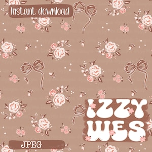 Könnte beinhalten: Ein digitales Muster mit hellbraunem Hintergrund und sich wiederholenden Illustrationen von weißen und rosafarbenen Rosen, kleinen Blumensträußen und braunen Schleifen. Der Text "Instant download", "IZZY WES" und "JPEG" ist sichtbar.