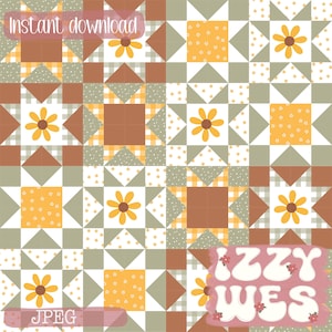 Sunflower Patchwork trendy faux Quilt Seamless| Yellow Daisy Hand Drawn Country Floral Repeating Pattern| Cottagecore Surface Pattern