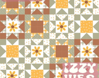 Sunflower Patchwork trendy faux Quilt Seamless| Yellow Daisy Hand Drawn Country Floral Repeating Pattern| Cottagecore Surface Pattern