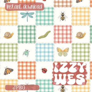 May include: A digital seamless pattern featuring a patchwork design with gingham squares in various colors. The squares are interspersed with watercolor illustrations of insects, including a dragonfly, bee, snail, and butterfly. The text "Instant download" and "JPEG" are visible.