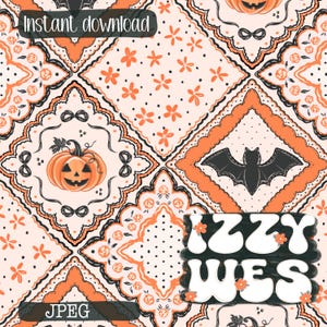 Può includere: Download digitale con un motivo a tema Halloween. Il design include zucche arancioni, pipistrelli e accenti floreali su sfondo crema. I testi "Download istantaneo" e "JPEG" sono visibili.