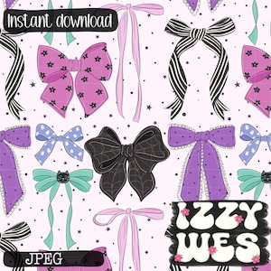 May include: A digital illustration featuring various decorative bows in shades of pink, purple, black, and teal, with a light pink background and scattered stars. The bows have different patterns, including stripes, spiderwebs, and floral designs. The words "Instant download" and "JPEG" are visible.