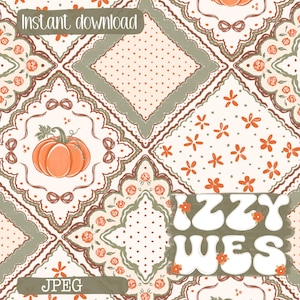 May include: A digital pattern featuring a repeating patchwork design of diamonds and scalloped squares in cream, sage green, and orange. Elements include pumpkins, small flowers, and polka dots. Text reads "Instant download", "IZZY WES", and "JPEG".