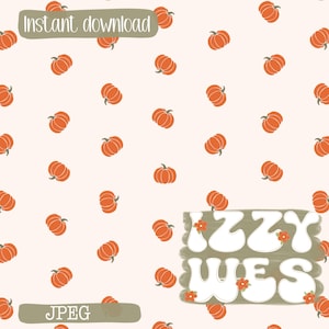 May include: A digital pattern featuring repeating orange pumpkins on a light cream background. The text "Instant download" appears in a green box, and the text "IZZY WES" is displayed in large white letters with small orange flowers on a green background.