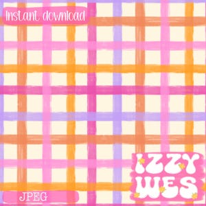 Puede incluir: Descarga digital con un colorido diseño de cuadros en tonos rosa, naranja y morado sobre un fondo crema. Se muestran las palabras "Descarga instantánea" y "JPEG". El diseño incluye el texto "Izzy Wes".