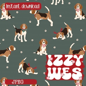 May include: A dark green digital pattern featuring multiple beagle dogs in various poses, some wearing red and white checkered bandanas or red reindeer antlers. The text "Instant download", "IZZY WES", and "JPEG" are overlaid on the design.