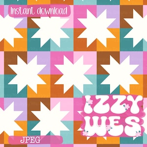 May include: A digital pattern featuring a repeating grid of white eight-pointed stars set against alternating squares of pink, light purple, teal, and orange. The text "Instant download" appears at the top, and "IZZY WES" is in the bottom right.