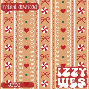 May include: A repeating pattern with a gingerbread theme. The design features alternating vertical stripes of candy canes, bows, hearts, and white decorative lines on a tan background. The words "Instant download" and "JPEG" are visible.