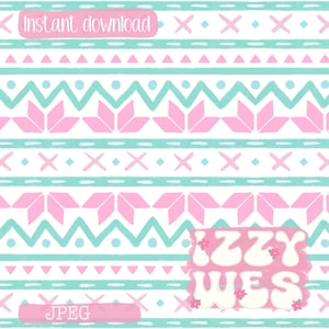 May include: A digital download graphic with a repeating pattern in pink, white, and teal. The design includes geometric shapes, floral elements, and the text "Instant download" and "JPEG". The graphic also features the name "Izzy Wes".