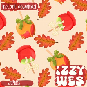 Puede incluir: Ilustración digital con un patrón repetido de manzanas caramelizadas con lazos verdes, hojas de otoño y el texto "Descarga instantánea" y "JPEG". Las manzanas son rojas y naranjas, y las hojas son naranjas y marrones.