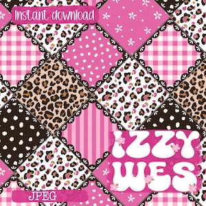 May include: A digital patchwork pattern featuring diamond-shaped tiles in pink, white, and brown. Designs include leopard print, gingham, polka dots, and floral motifs, separated by black scalloped borders. Text reads Instant download, JPEG, and IZZY WES.