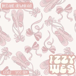 Puede incluir: Un patrón sin costuras con zapatos de ballet rosas y lazos sobre un fondo blanco. El patrón es perfecto para crear diseños digitales o impresos para telas, papel tapiz o papel de regalo. El texto "IZZY WES" también está incluido en el patrón.