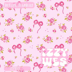 Könnte beinhalten: Ein rosa digitales Papierdesign mit einem sich wiederholenden Muster aus rosa Rosen, Schleifen und kleinen grünen Blättern. Die Wörter "Sofort-Download" und "JPEG" sind sichtbar. Vintage, florales Thema.