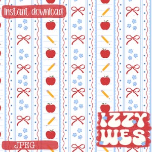 School Seamless Vertical Stripes  repeating pattern,Back to School Hand drawn seamless pattern ,red bows and apples Grandmillennial vintage