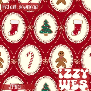 Op de afbeelding: Een herhalend patroon met kerstthema's. Het ontwerp bevat peperkoekmannen, kerstbomen, zuurstokken en kousen, allemaal tegen een rode achtergrond. De woorden "Direct downloaden", "JPEG" en "Izzy Wes" zijn zichtbaar.