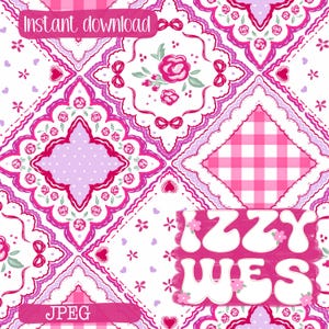 May include: A digital pattern featuring a patchwork of diamond-shaped squares in shades of pink, white, and lavender. The design includes floral motifs, gingham checks, and heart shapes. Text reads Instant download, JPEG, and IZZY WES.