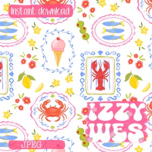 Peut inclure: Motif répété avec des illustrations de fruits de mer, de crème glacée, de citrons et de fleurs dans un style fantaisiste. Le motif comprend le texte "Téléchargement instantané" et "JPEG" dans des bannières roses, et le nom "Izzy Wes".