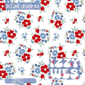 May include: A white background is covered with a repeating floral pattern of red and blue flowers with green leaves. The words "Instant download" and "JPEG" are displayed. The name "Izzy Wes" is also displayed.