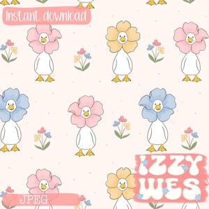 May include: A repeating pattern featuring cartoon ducks with flower-shaped heads in pink, yellow, and blue. The ducks stand on yellow feet, with small flowers scattered around on a light pink background. Text in the image says "Instant download" and "JPEG".