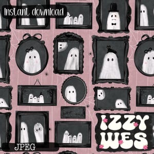 Ghosts in Frames on Pink| Coquette Doodle Gallery Wall| Haunted House seamless repeating surface pattern for fabric sublimation hand drawn