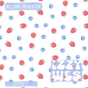 May include: A white background with a repeating pattern of red strawberries and blue blueberries. The words "Instant download" are in a light blue banner. The words "Izzy Wes" are in a light blue banner with pink flowers. The word "JPEG" is in a light blue banner.