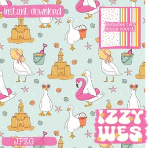 Summer Goose seamless with COORDS hand drawn surface pattern duck digital repeating pattern silly goose surface pattern on mint spring