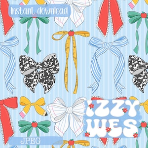 May include: A digital pattern featuring various bows in red, white, blue, and yellow, along with a yellow measuring tape and a pencil. The background is light blue with vertical stripes. Text includes "Instant download", "JPEG", and "Izzy Wes".