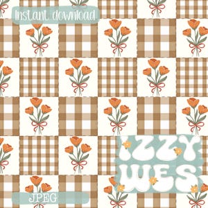 May include: A digital pattern featuring a patchwork design with orange floral bouquets tied with red ribbons, alternating with brown and white gingham squares. The words "Instant download" and "JPEG" are visible.
