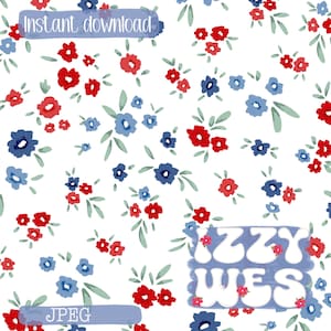 Puede incluir: Un fondo blanco con un patrón floral repetido de flores rojas y azules con hojas verdes. Las palabras "Instant download" y "JPEG" están en pancartas azules. Las palabras "Izzy Wes" están en letras blancas sobre un fondo azul.