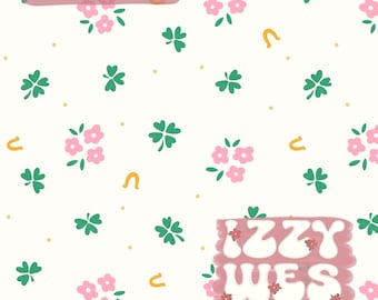 May include: A digital download graphic with a repeating pattern of pink flowers, green clovers, yellow horseshoes, and gold dots on a white background. The words "Instant download", "JPEG", and "IZZY WES" are also visible.
