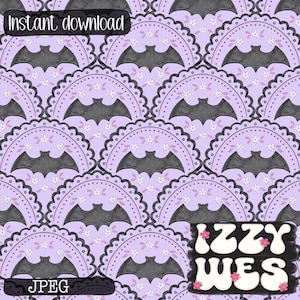 May include: A repeating pattern featuring gray bats within scalloped, semi-circular designs on a lavender background. Small white flowers and dotted lines accent the design. The words "Instant download", "JPEG", and "Izzy Wes" are visible.