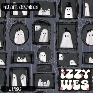 May include: A digital download featuring a repeating pattern of framed ghost illustrations on a dark gray background with spiderwebs. The ghosts are white with black eyes and are in various poses. The text "Instant download" and "JPEG" are visible.
