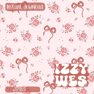 Könnte beinhalten: Digitales Musterdesign mit sich wiederholenden Blumen- und Schleifenmotiven in Rosa- und Rottönen. Die Wörter "Instant download" und "JPEG" sind auf dem Bild zu sehen. Das Design umfasst Rosen, Schleifen und kleine florale Akzente.