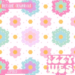 Pode incluir: Um padrão digital com um design floral repetitivo. As flores são compostas por formas hexagonais em cores pastel, com um centro amarelo e detalhes florais brancos. O fundo é branco com pequenas bolinhas cor-de-rosa. O texto inclui "Download instantâneo" e "JPEG".