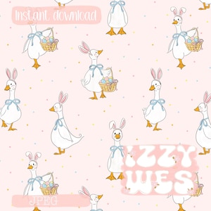 Könnte beinhalten: Ein sich wiederholendes Muster mit weißen Gänsen mit Hasenohren, blauen Schleifen und Körben mit Ostereiern. Die Gänse sind vor einem hellrosa Hintergrund mit bunten Punkten angeordnet. Text enthält "Sofort-Download" und "JPEG".