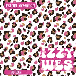 Könnte beinhalten: Ein digitales Muster mit weißem Hintergrund und einem sich wiederholenden Leopardenmuster in Dunkelbraun, Hellbraun und leuchtendem Pink. Der Text "Instant download" steht oben, "IZZY WES" in weißen Blasenbuchstaben und "JPEG" unten.