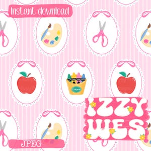 May include: A pink and white patterned digital paper design featuring school supplies like scissors, paint palettes, apples, and crayons. The words "Instant download", "JPEG", and "Izzy Wes" are also visible.