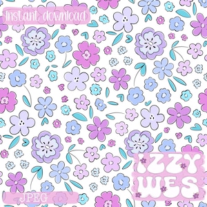 May include: A seamless pattern featuring a white background with a variety of pastel-colored flowers. The flowers are in shades of pink, purple, and blue. The flowers are outlined in black and have a simple, hand-drawn style. The pattern is perfect for use in a variety of creative projects, such as scrapbooking, card making, and fabric design.