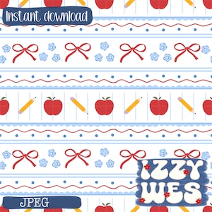 School Seamless Horizontal Stripes repeating pattern,Back to School Hand drawn seamless pattern ,red bows and apples Grandmillennial vintage
